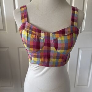 BCBGeneration Jr Women’s Cropped Top Small Plaid Smocked Built In Bra Retro